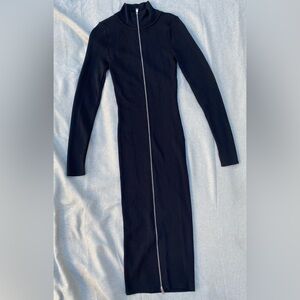 Zara Ribbed Black Long Sleeve Dress Ribbed Bodycon Full Double Zip Mock Neck SM